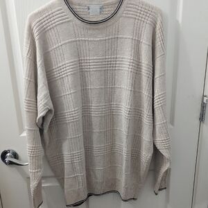 Mens Cream Crewneck Sweater Textured Windowpane Ribbed Linen Silk Scotla…